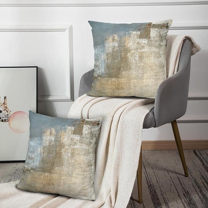 Grey and Beige Abstract Art Contemporary Pillow Cover, Modern Neutral Decorative Throw Pillows Cushion Cover for Bedroom Sofa Living Room 26 x 26 Inch Set of 2
