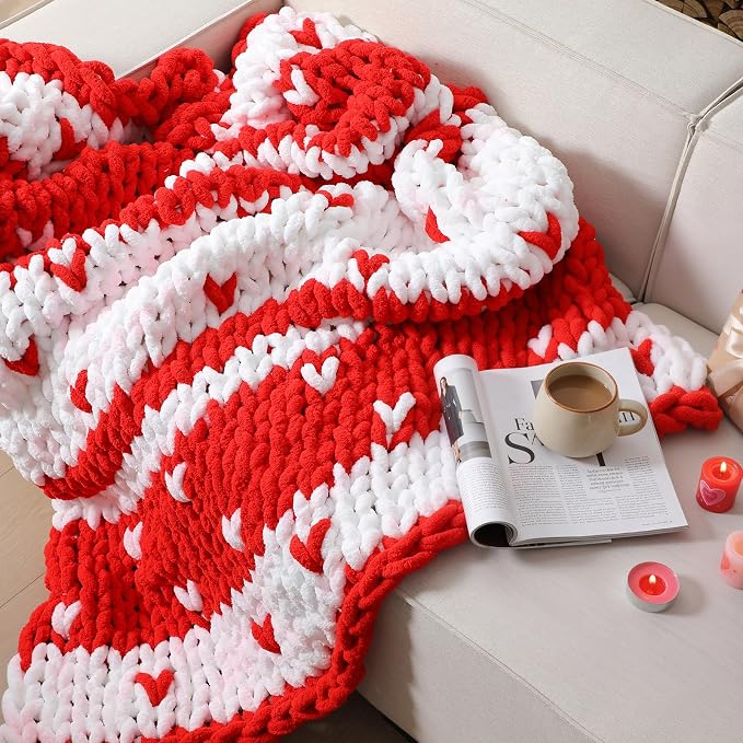Valentine's Day Heart Chunky Knit Throw Blanket 50" x 60",Red | Large Handmade Chenille Loop Yarn Fluffy, Soft Knitted Throw, Big Cozy Thick Cable Knit Crochet Blanket, for Couch Sofa Bed