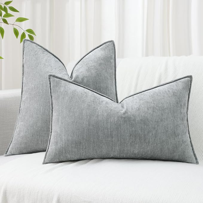 decorUhome Chenille Ultimate Gray Throw Pillow Covers 26x26 Set of 2 | Fall Soft Euro Sham Couch Decorative Modern Velvet Pillow Cases with Elegant Design for Sofa Bed Living Room Home Decor