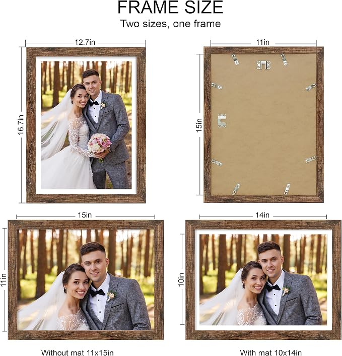Hongkee 11x15 Picture Frame Set of 4, Made of Real Glass and Rustic Brown Frame - Display Picture 10x14 with Mat or 11x15 Without Mat, 11 by 15 Photo for Wall Mounting