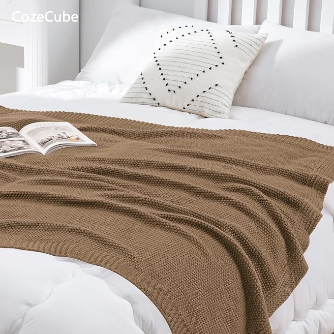 CozeCube Caramel Brown Seed Stitch Throw Blanket 60"x80", Farmhouse Decor | Blanket for Couch, Soft Cozy Cable Knit Throw for Bed Sofa Living Room, Lightweight Warm Decorative Christmas Blanket