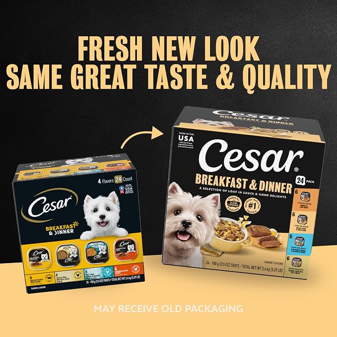 Cesar Breakfast & Dinner Variety Pack Wet Dog Food, 3.5 oz, 24 Count | Real meat #1 ingredient, no fillers, no added sugar or artificial flavors, slow-cooked, easy to digest, easy peel trays