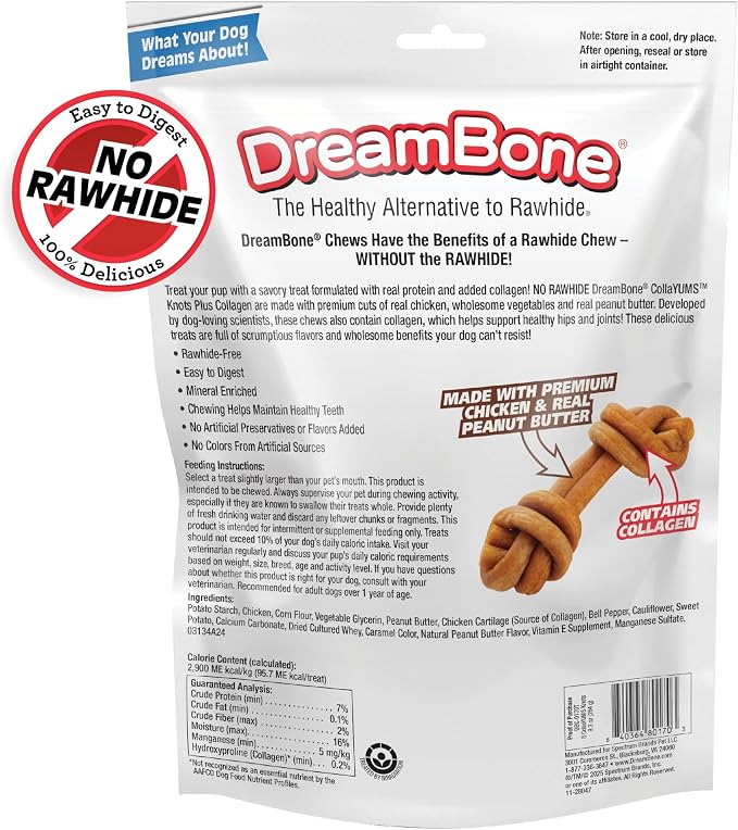 DreamBone CollaYUMS Knots Plus Collagen Rawhide-Free Dog Treats, 8 Count | Supports Hip and Joint Health, Daily Chew, Digests Safely and Completely, With Real Chicken & Peanut Butter, For Adult Dogs