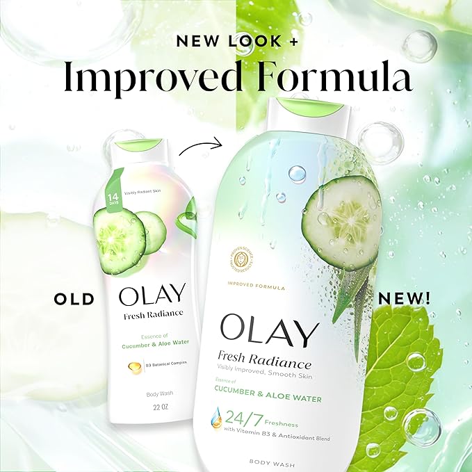 Olay Body Wash for Women, Fresh Radiance, 24/7 Skin-Loving Freshness, Visibly Radiant, Plant Based Cleansers, Vitamin B3 & Antioxidant Blend, For All Skin Types, Cucumber & Aloe Water Scent, 22 fl oz