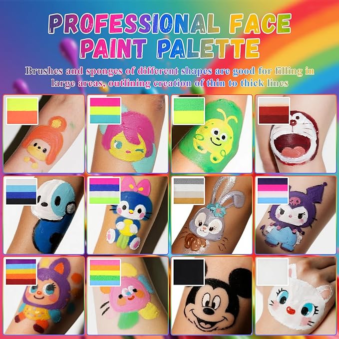 Face Paint Kit for Kids & Adults - 12 Color Rainbow Split Cake Face Painting Kit with 4 Brushes, Water Activated Face Paint Palette, Professional Facepaint Makeup Set for Kids Party Halloween Cosplay
