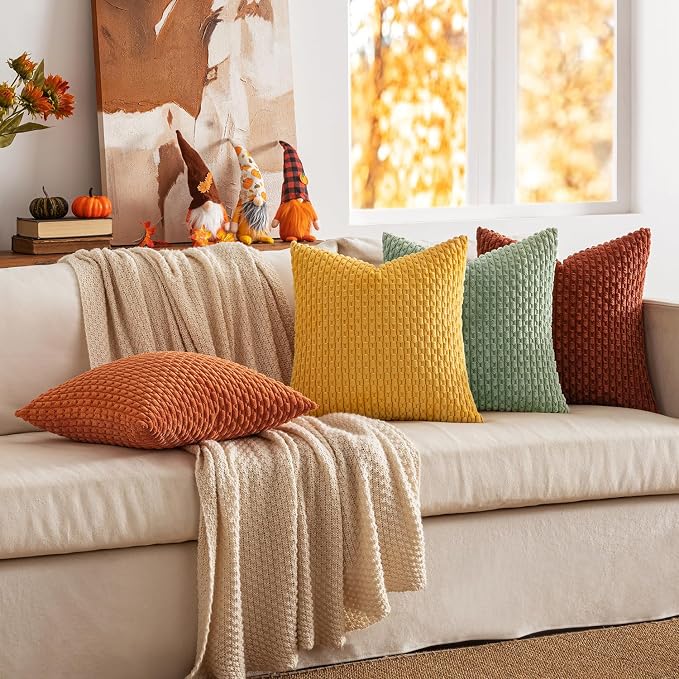 MIULEE Fall Burnt Orange Decorative Throw Pillow Covers 18x18 Set of 4 | Modern Striped Cushion Covers Soft Corduroy Pillowcase Autumn Terracotta Home Decor for Bed Sofa Living Room