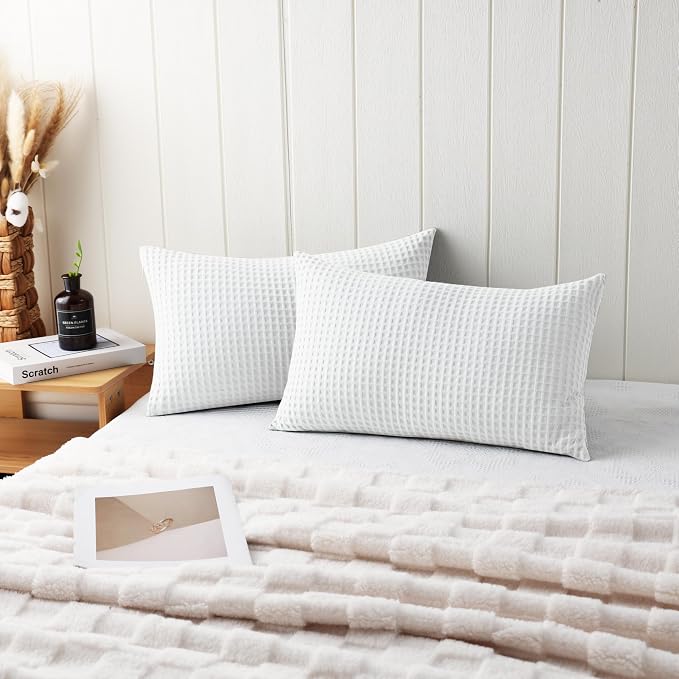 100% Egyptian Cotton 600 TC Waffle Weave Lumbar Pillow Covers 2 Pack | Ultra Soft Breathable Rectangle Throw Pillow Covers, Decorative Cushion Covers for Bed Couch Sofa Car, White, 12" x 20"