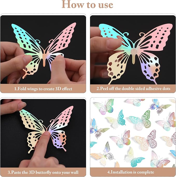 SAOROPEB 3D Butterfly Wall Decor, 72 Pcs 3 Styles 3 Sizes, Removable Metallic Wall Sticker Room Mural Decals for Kids Bedroom Nursery Classroom Party Decoration Wedding Decor DIY Gift (Laser) | 3 Styles 3 Sizes, Removable Metallic Wall Sticker Room Mur...