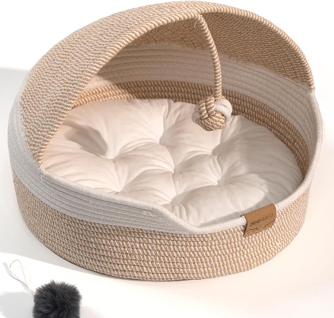 CHEERPALS Cat Basket Bed with Washable Cushion and Ball Rope Cotton, Covered Pet Bed for Indoor Cats Cave Bed Hooded, Stimulicat Cat Bed Handwoven Breathable, All Season Universal(White)