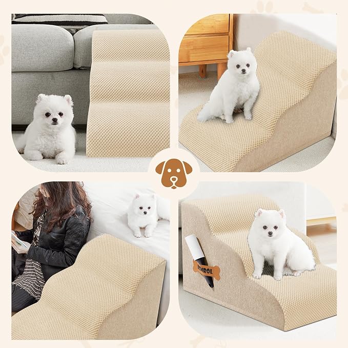 Romrol Dog Stairs Ramp for High Beds Couches, High Density Foam Pet Steps with Durable Non-Slip Waterproof Fabric Cover, Dog Stairs for Small Dogs or Cats or Pets, 3-Step,15 Inch,Beige