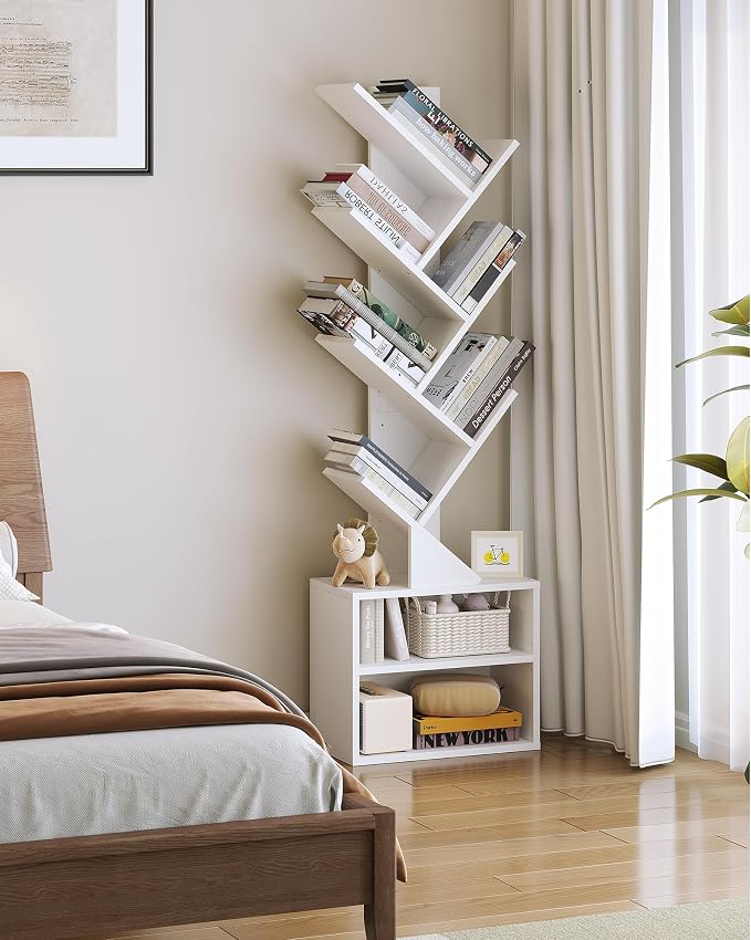 SUNMORY 6 Tier Tree Bookshelf, Tall Small Bookcase with Storage Cabinet | Modern Narrow Bookshelves Organizer, Floor Standing Book Case Shelf for Bedroom Living Room Home Office Corner, White