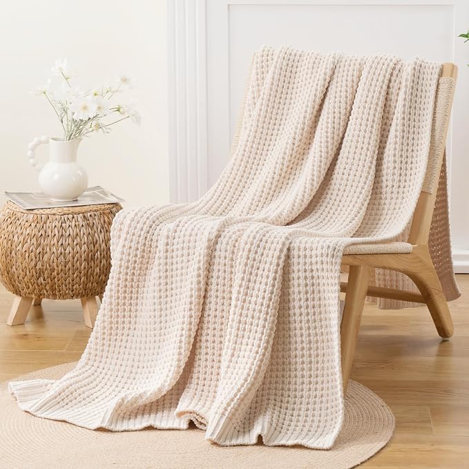 Cream White Throw Blanket for Couch Bed, Waffle Knit Throw Blanket 50"x60" | Ivory Chunky Chenille Throw Blanket, Modern Farmhouse Knitted Blankets, Warm Decorative White Blanket Throw for Home Decor