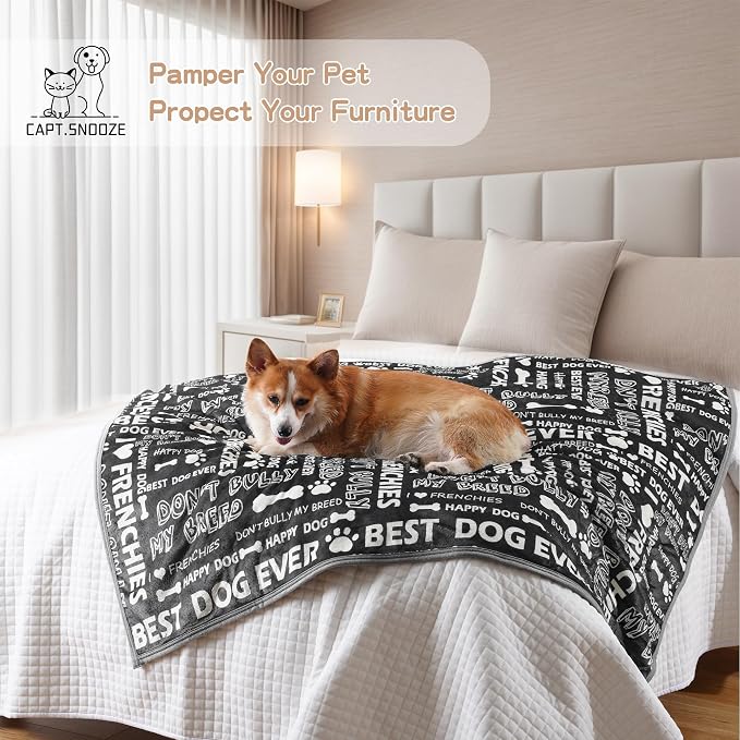 Washable Waterproof Dog Blankets for Large Dogs 50"x60" Grey | Soft Fluffy Pet Blanket for Couch Sofa Car Crate Bed Protector, Reversible Sherpa Fleece Dog Blanket, Letter Pattern