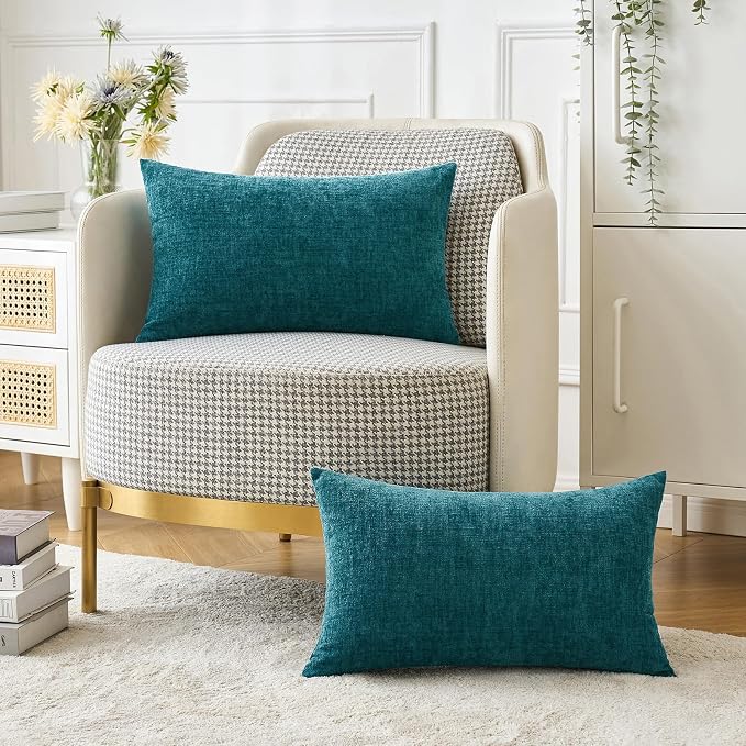 MIULEE Soft Chenille Lumbar Throw Pillow Covers Dark Teal 12x20 Pack of 2 | Modern Coastal Home Decor, Classic Decorative Pillows, Solid Dyed Cases, Boho Couch Cushion Covers for Sofa Bed Living Room