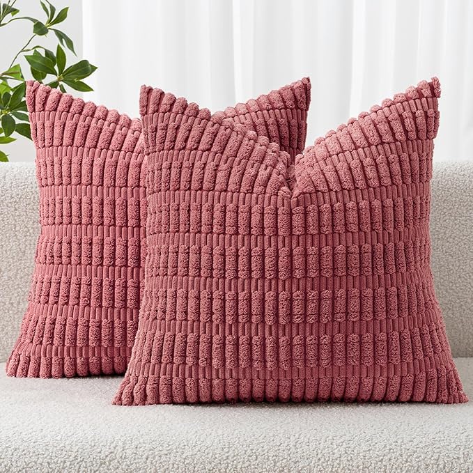 MIULEE Corduroy Decorative Throw Pillow Covers 16x16 Crimson Pack of 2 | Soft Boho Striped Pillow Covers Modern Farmhouse Home Decor For Sofa Living Room Couch Bed