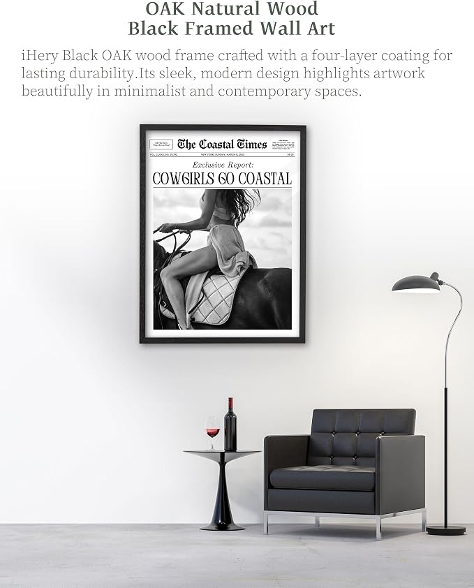 iHery 16x20in Cowgirls Go Coastal Framed Newspaper Wall Art | Premium Black Natural OAK Wood Frame with Canvas Print, Western Horseback Decor for Bedroom, Dorm, Living Room 1Pack
