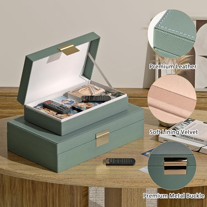 Decorative Storage Box Set of 2, PU Leather Organizer for Home Decor Green | Multi-Purpose Beautiful Decorative Container with Lids Store Photos, Documents, Memory Box Keepsakes Collect, ideal for Gifts