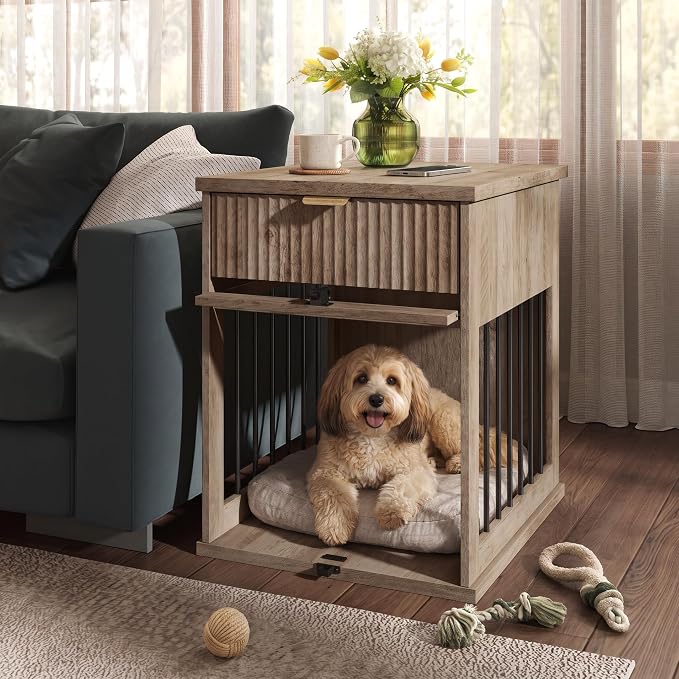 Dog Crate Furniture End Table for Small Dogs with Charging Station (Grey)