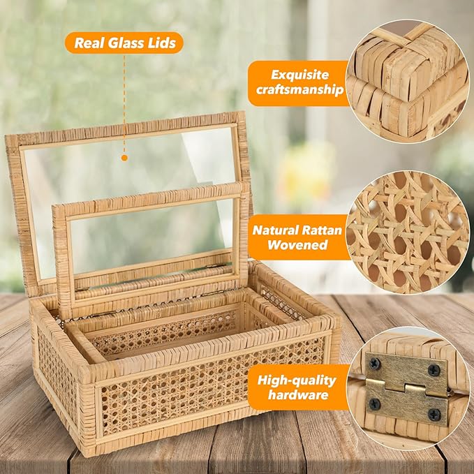 Large Handwoven Boho Rattan Display Boxes with Glass Lids Set of 2 | Rectangular Decorative Storage Bins Natural Woven Cane Home Decor Organizers (15.55" x 9.64" x 5.9" & 12.48" x 6.88" x 4.52")