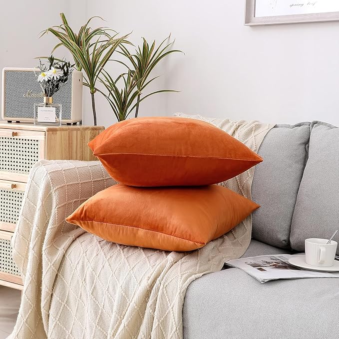 NiNi ALL Orange Velvet Throw Pillow Covers 16x16 Pack of 2 Decorative Couch | Soft Solid Cushion Squar Pillow Cases for Chair Sofa Bedroom Farmhouse Living room Modern Luxury Home Decor Fall Halloween