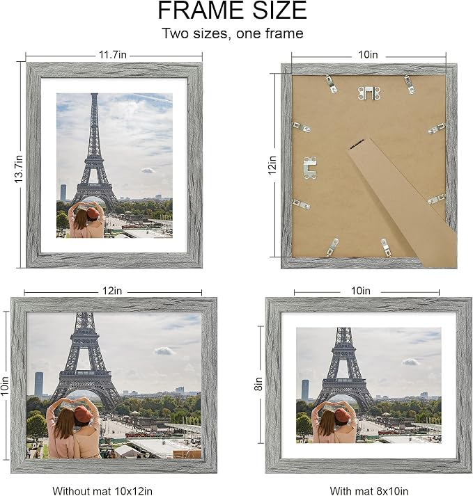 Hongkee 10x12 Picture Frame Set of 4, Made of Real Glass and Grey Frame - Display Picture 8x10 with Mat or 10x12 Without Mat, 10 by 12 Photo for Wall Mounting