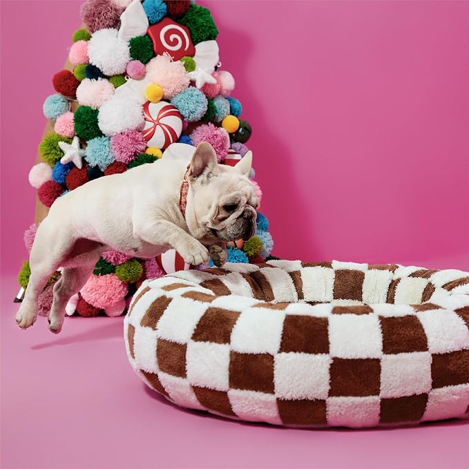 Lesure Shown on TV Jacquard Donut Dog Beds Medium Sized Dog,Brown 30x30x8in | Orthopedic Calming Pet Bed Sofa, Original Design Pattern,Washable Cover,Cute Home Decor as Gift for Pet,Anti Slip Bottom