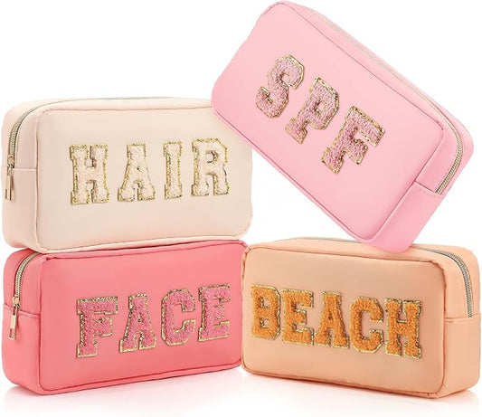 Preppy Makeup Bags Chenille Letter Stuff Bag Nylon Cosmetic Pouch Cases with Zipper for Women Travel Toiletry (Resort Colors,Classic,4 Pcs)