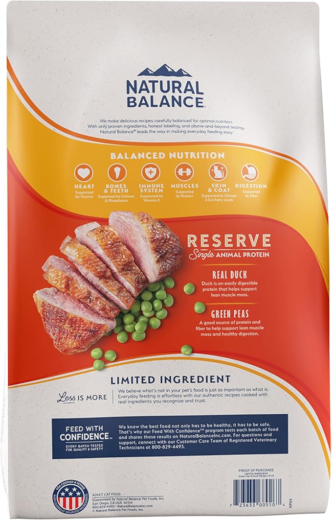 Natural Balance Limited Ingredient Cat Food, Duck & Green Pea, 10 lb | Grain-Free, Soy-Free, and Corn-Free Dry Cat Food, Balanced Nutrition for Adult Cats, Single Animal Protein