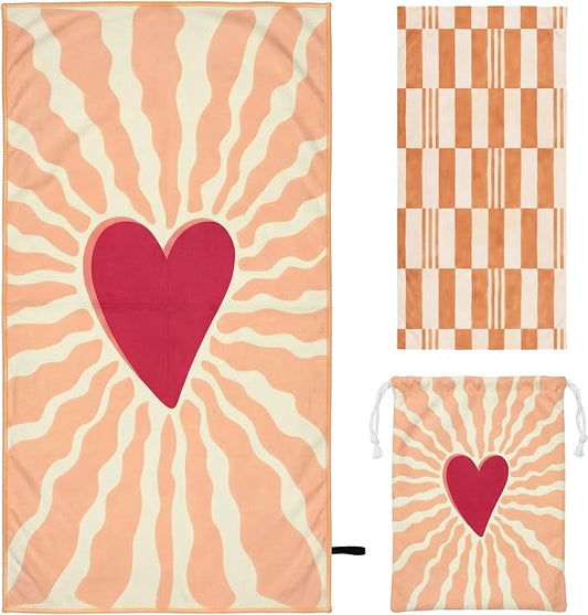 Microfiber Beach Towel Oversized w/Travel Bag, 71 * 36'' Double Print Quick Dry XL Beach Towels for Cruise Pool Yoga Gym Gift, Lightweight Absorbent Sandproof Beach Essentials, Boho Heart