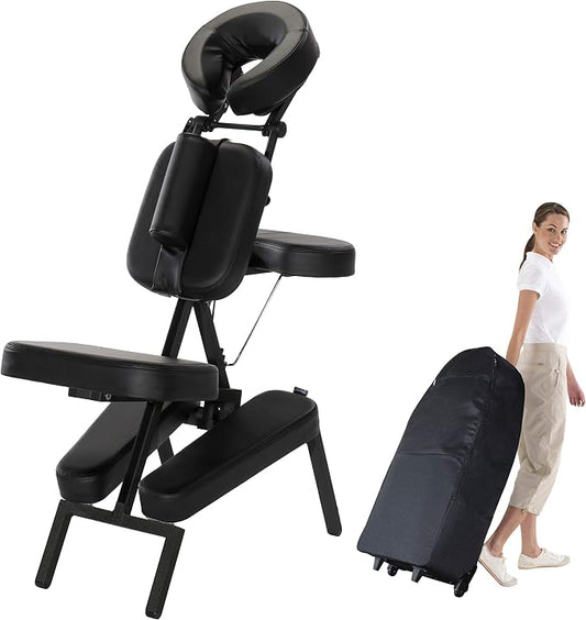 Master Massage Apollo Extra Large Size Portable Massage Chair-Lightweight Aluminum Tattoo Foldable-Sitting Posture Folding Massage Chair-with Larger Cushions and Wheels Bag-in Black