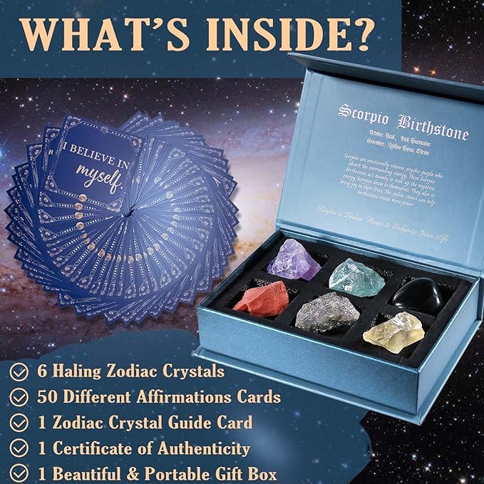 Faivykyd Scorpio Crystals Gifts for Women, 6 Scorpio Zodiac Healing Stones w/50 Miracle Mantras Affirmations Cards, Spiritual Gifts for Positive Energy, Self-Love & Wealth