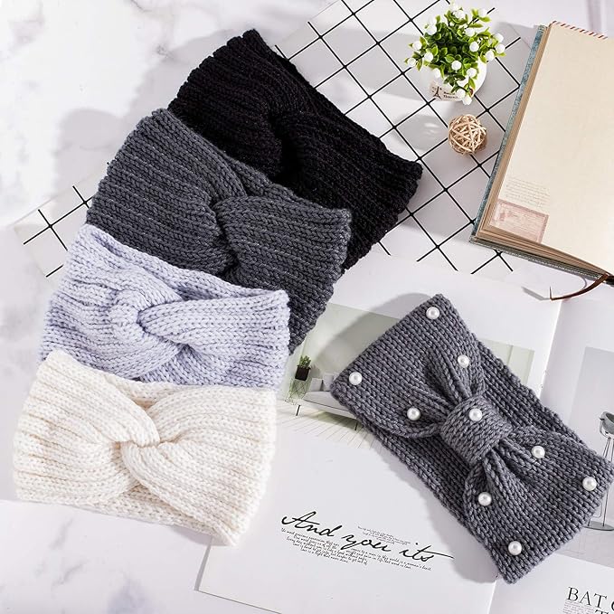 Whaline 5 Pieces Winter Knit Headbands Chunky Knit Headbands,4 Elastic Turban Head Wraps and 1 Pearl Crochet Hair Band, Ear Warmer Crochet Head Wraps for Women Girls (Blue Grey Colors)