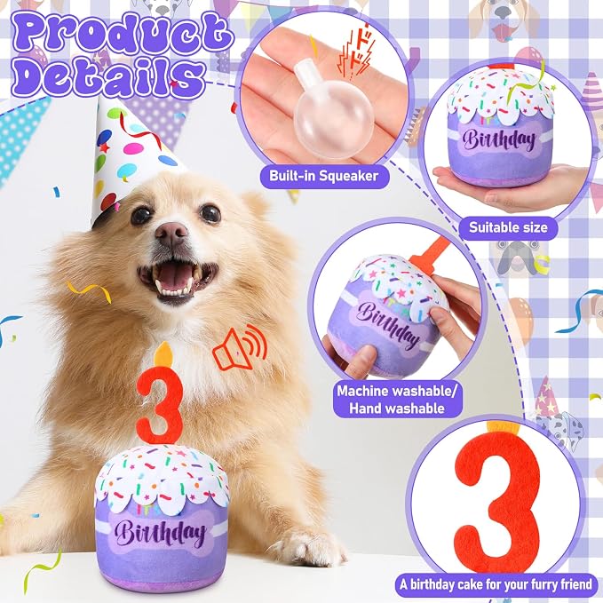Dansydaisy Dog Birthday Cake Toy Squeaky Plush Gift,3rd,Purple