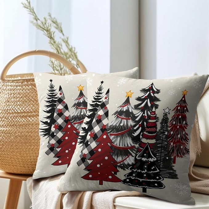 Kawani Buffalo Plaid Trees Pillow Covers 20x20 Set of 2 Red Black Christmas Tree Winter Holiday Decor Throw Cushion Case Cotton Linen for Home Sofa Bedroom Livingroom Decor