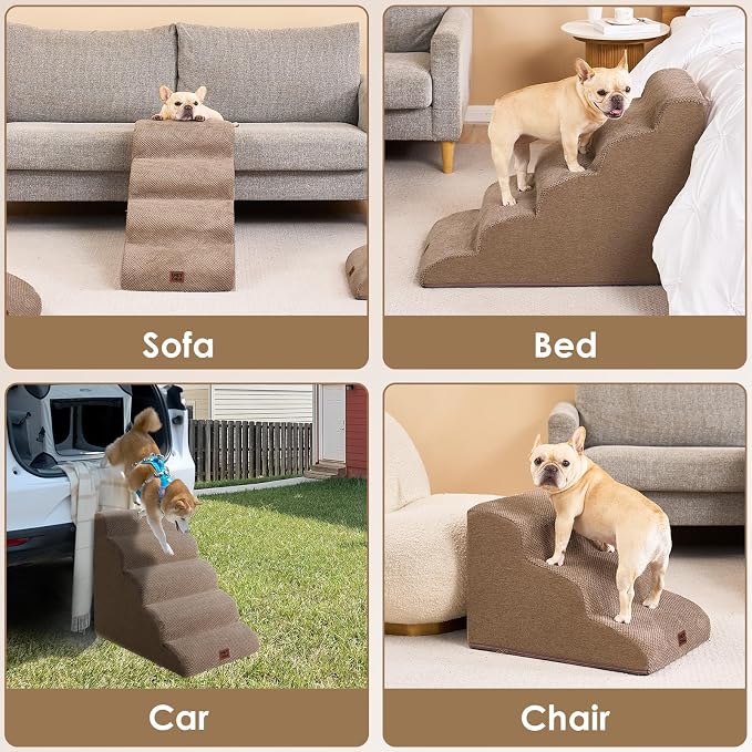 EHEYCIGA Curved Dog Stairs Ramp, 3-Step Dog Steps, 15.7" H Pet Step | 33D density of pure foam, for Small Dogs and Cats, Pet Stairs for High Bed Climbing, Non-Slip Balanced Indoor, Camel