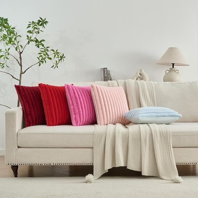FUTEI Pack of 2 Faux Fur Throw Pillow Covers 22x22 Inch, Pink | Fluffy Faux Rabbit Fur Front/Premium Velvet Back,Hidden Zipper,Machine Washable,Non-Shedding,Colorfast,Insert Not Included.