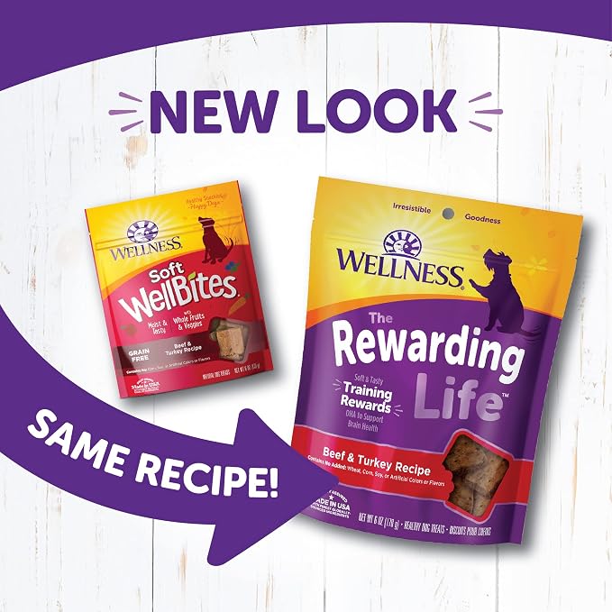 Wellness Rewarding Life Soft Dog Training Treats, Natural, Grain Free, Beef and Turkey Recipe, 6 oz Bag (Pack of 2)