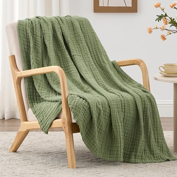 Love's cabin 100% Cotton Muslin Blanket, 6 Layer Lightweight Breathable Gauze Large Throw Blanket 50 x 70 Inches, Soft Cooling All Season Blanket for Couch or Sofa, Sage Green