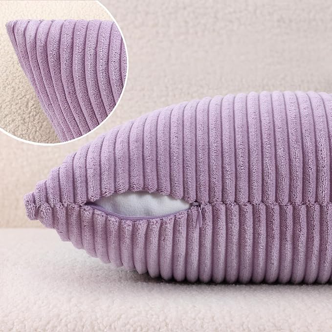 Mecatny Corduroy Decorative Throw Pillow Covers 22x22 Set of 2 Lilac | Soft Striped Texture, Hidden Zipper Design, Neutral Boho Square Pillow Cases for Sofa Couch Living Room Bedroom, Home Décor
