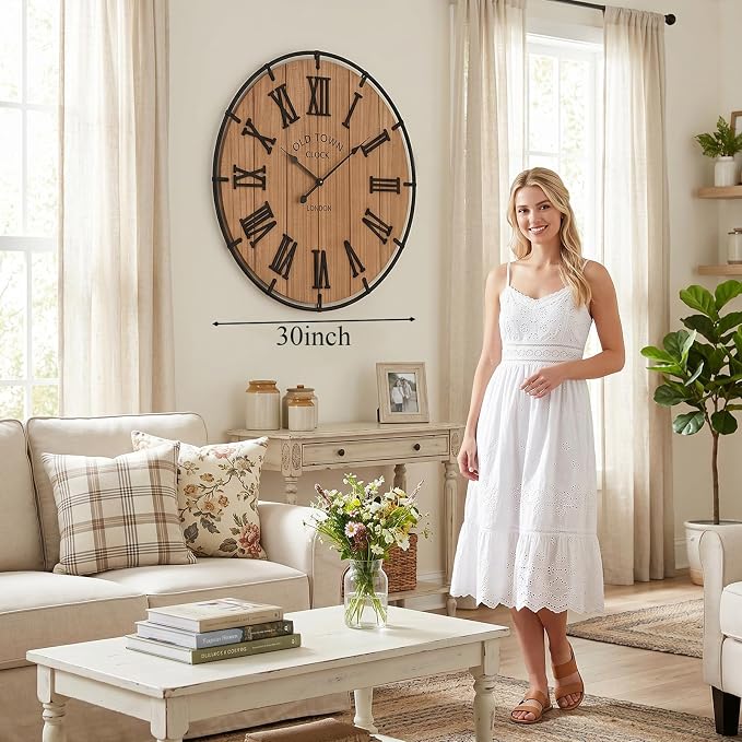 EMAX HOME Inch Large Farmhouse Wall Clock, 3D Raised Roman Numerals on Wooden Background, Silent Quartz Movement, Black Metal Frame for Easy Reading in Entryway, Hallway, or Dining Room