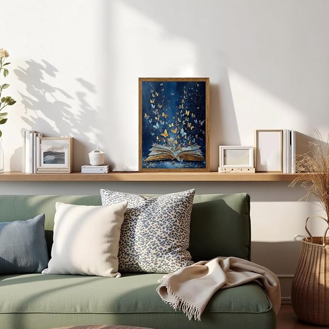 JLTULT Book Wall Art with Butterflies, Solid Wood-Framed Canvas, 12x16 in | Blue open-book art with butterflies on fade-resistant canvas and a ready-to-hang solid wood frame for bedrooms and studies