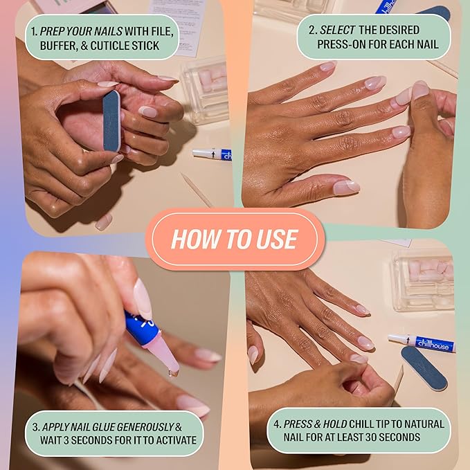 Chillhouse Chill Tips Signatures Press On Nails Kit, Corporate Baddie - 30 Nail Shapes & Sizes, Dual-Sided Buffer & File, Cuticle Stick & Glue - Long-Lasting Nail Art Manicures