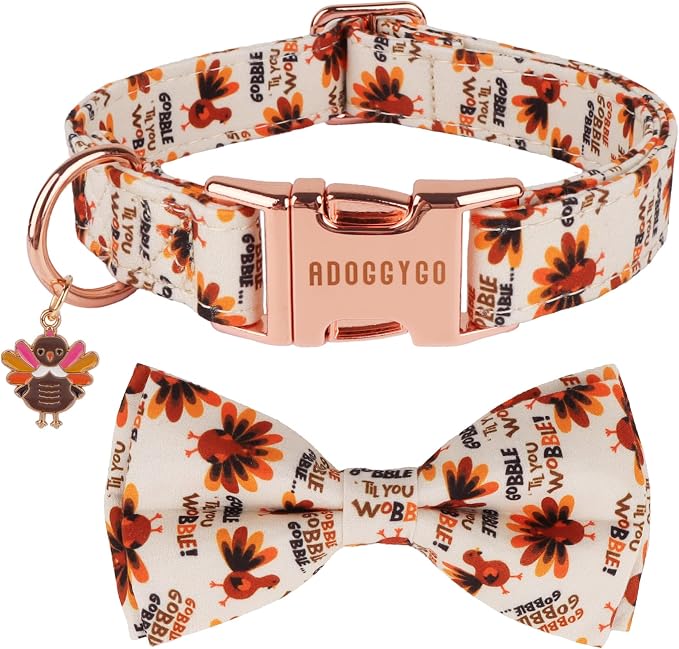 ADOGGYGO Thanksgiving Dog Collars with Bow, Gobble Turkey Pet Collar, L