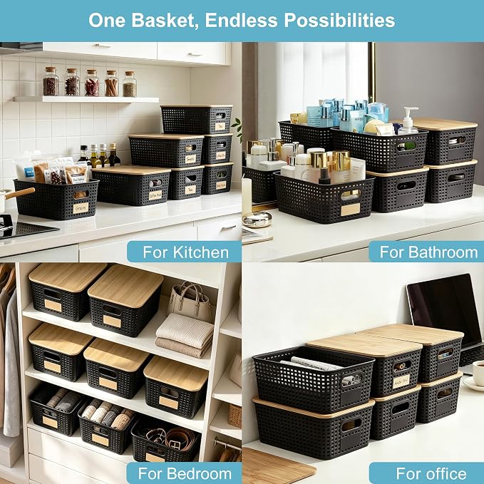 Small Plastic Storage Bins with Bamboo Lids 5.2qt Stackable Box Basket Pantry Decorative Containers Cute with Lable for Organizing Desktop Closet Office Black of 6 packs 10 * 7.2 * 4.1"