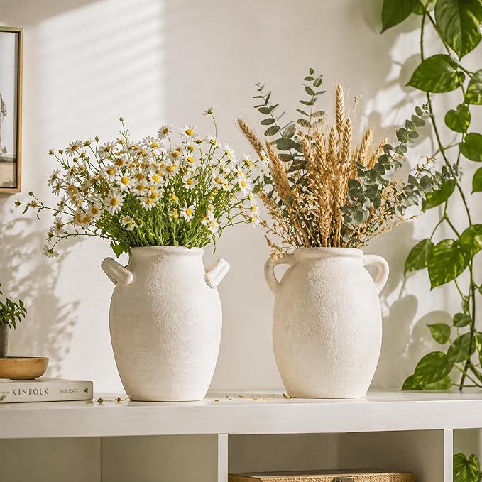 DREAMLOOM 7.6 Inch Ceramic Flower Vase, White | Double Handles, Farmhouse Vintage, Pottery Terracotta, Home Decor, Living Room Dining Table Wedding Centerpieces