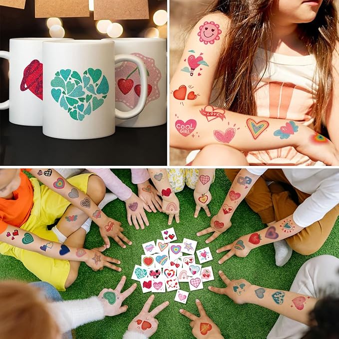 Glitter Heart Temporary Tattoos for Party Decoration - 74 Individually Sheets | Waterproof & Easy Peel | Cute Tattoos Stickers for Girls Women