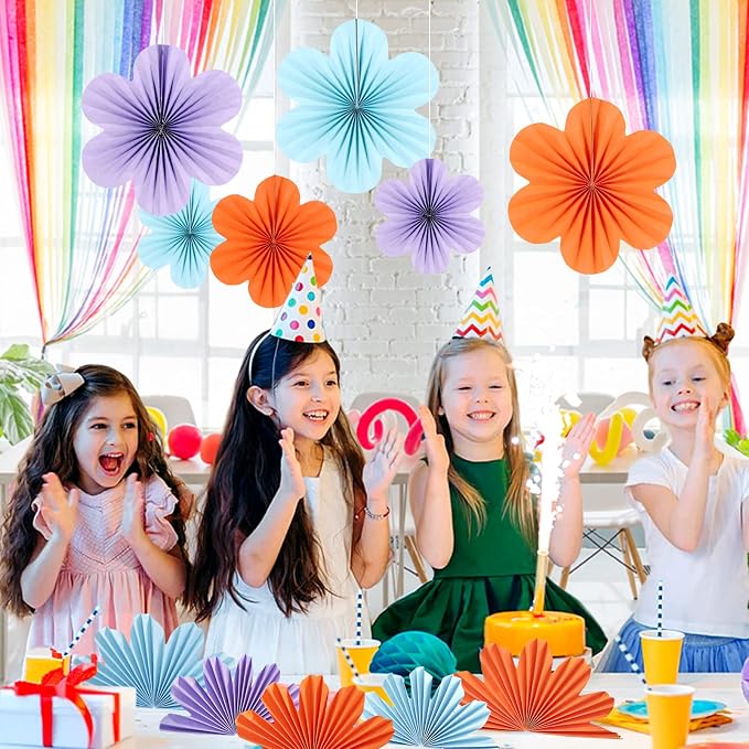 SUNBEAUTY 9 Pcs Paper Flowers Decorations for Wall, Blue and Orange for Wall Paper Flower Fan Classroom Decoration Paper Floral Backdrop Decor Paper Fans Decoration Hanging Paper Flower Wall Decor