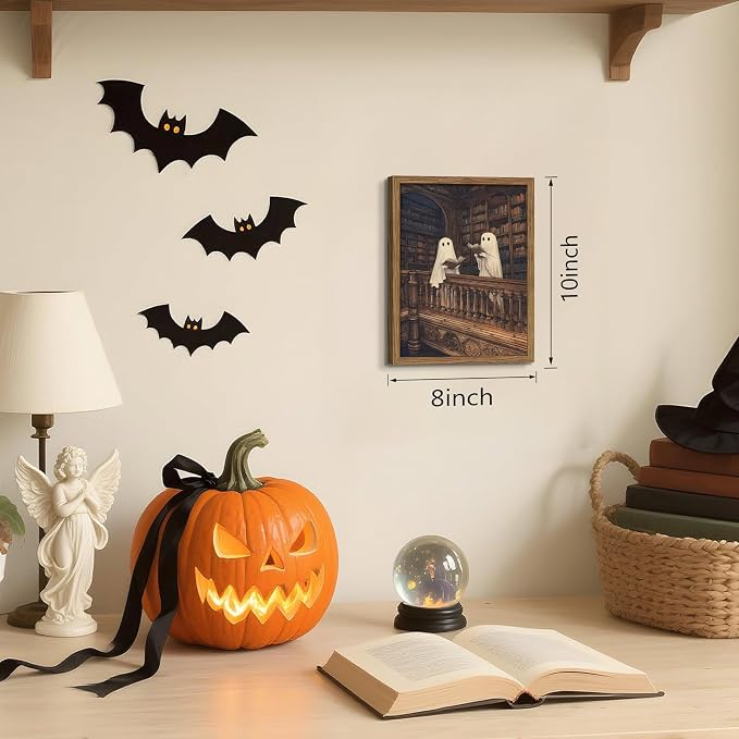 Framed Halloween Ghost Wall Art, Vintage Cute Ghost Reading Canvas Wall Decor Paintings, Dark Academia Book Artwork Poster Print Picture for Library Bedroom Living Room 8x10 Inch