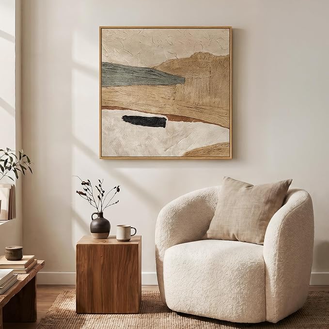 Framed Neutral Organic Abstract Canvas Wall Art for Dining Room, 24x24 In | Earth tone, Canvas prints, Modern pictures, Beige tan gray, Wood frame, Minimalist artwork, Living room, Bedroom wall decor
