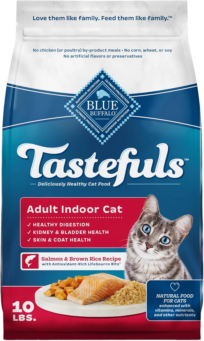 Blue Buffalo Tastefuls Salmon Adult Indoor Dry Cat Food, 10 lb | Salmon & Brown Rice Recipe, Kidney & Bladder Health, Antioxidant-Rich LifeSource Bits
